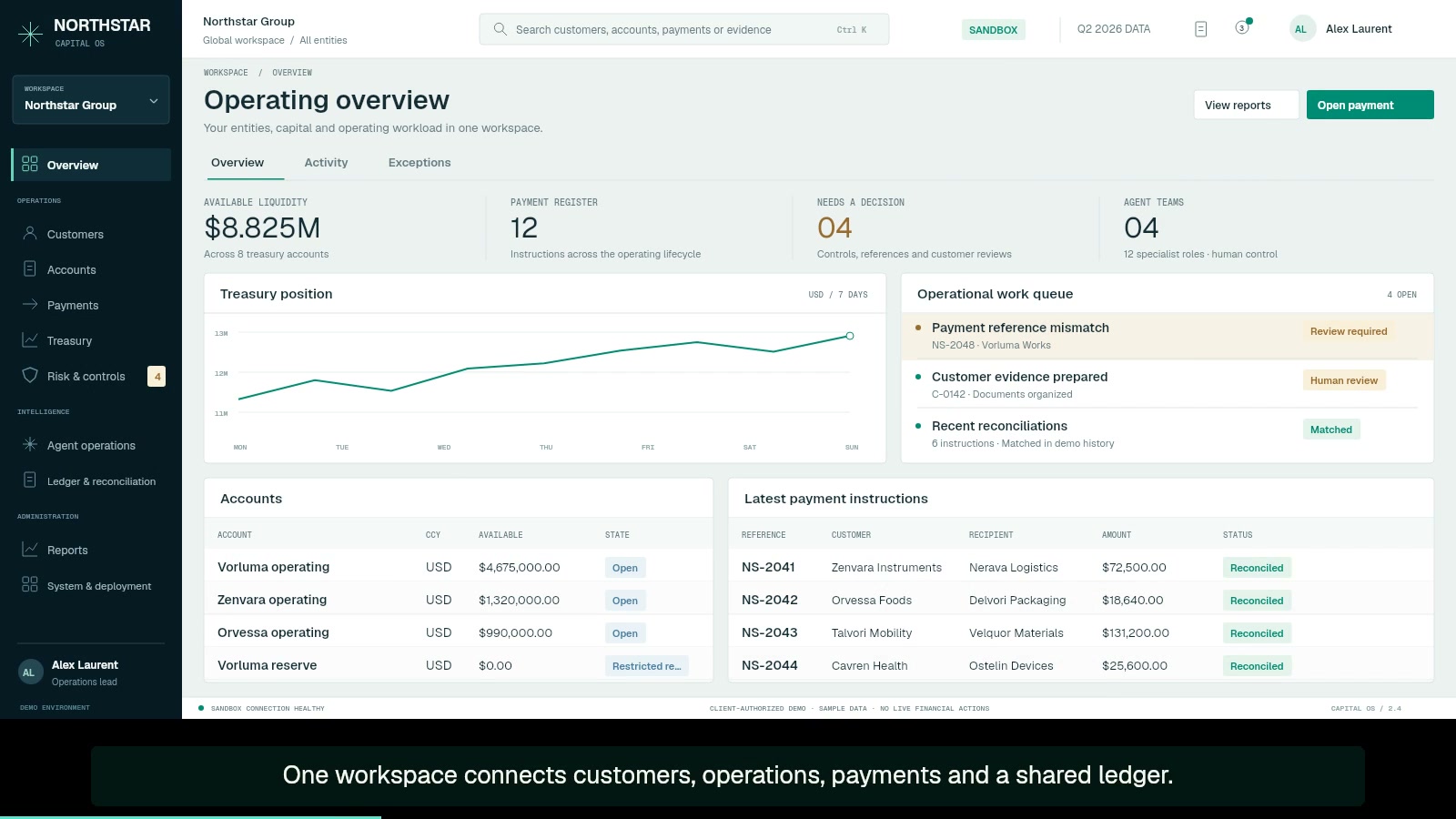 Northstar financial services platform showing customers, payments and connected operations