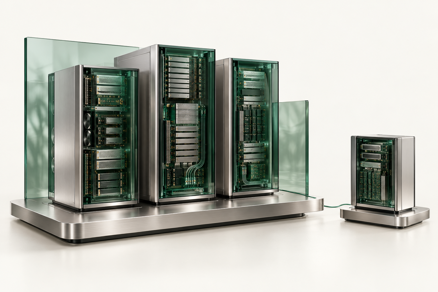 Architectural illustration of private computing infrastructure in silver and jade glass, with a separate recovery module.