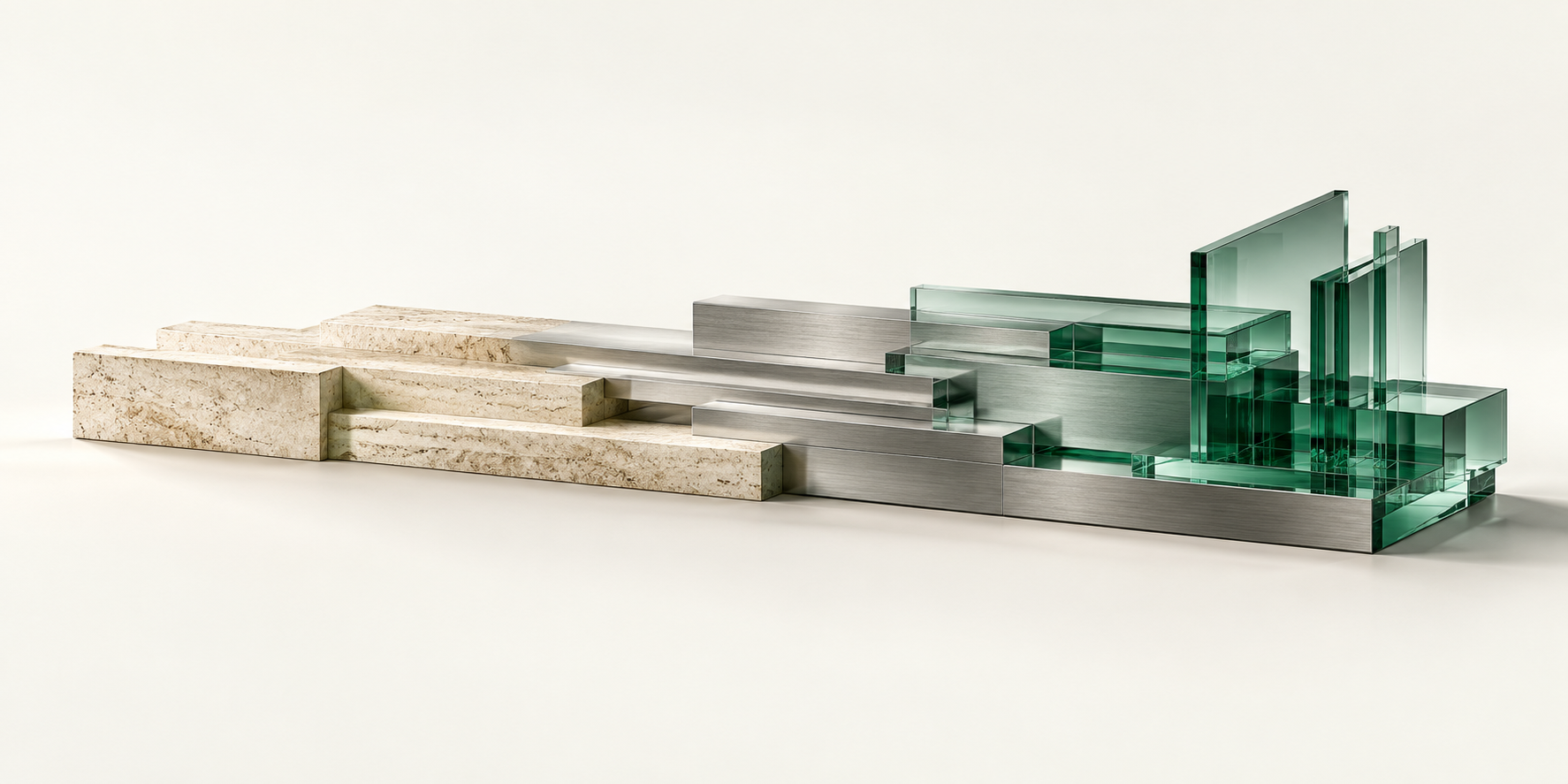 A contemporary architectural study of an enduring stone foundation becoming precise structural layers and translucent jade glass.